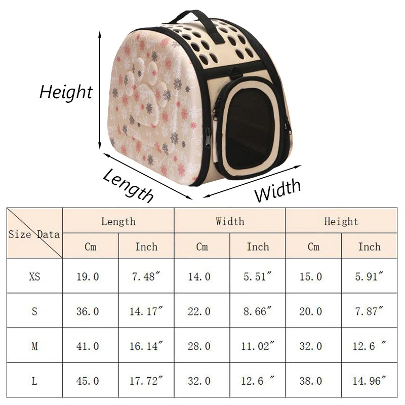A beige pet carrier backpack with a patterned fabric and mesh window, shown with size data tables.