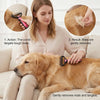 A woman gently uses an undercoat rake comb on a dog to remove mats and tangles.