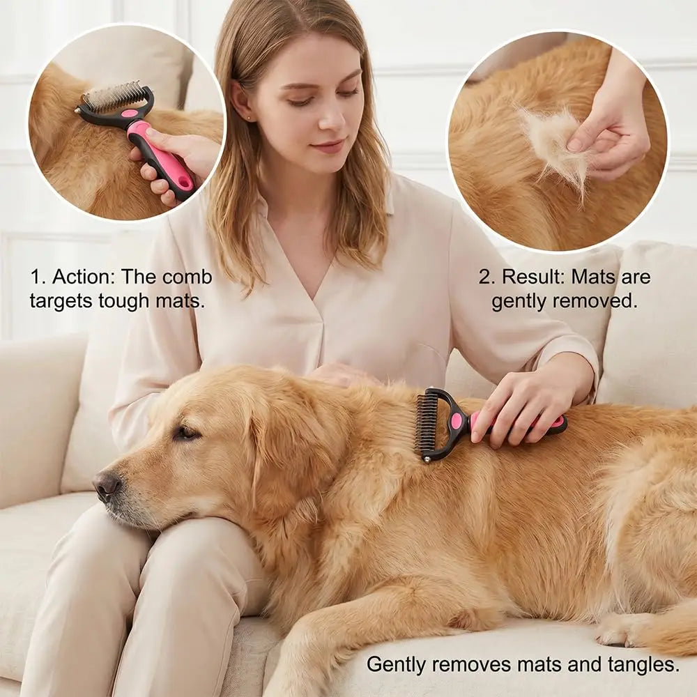 A woman gently uses an undercoat rake comb on a dog to remove mats and tangles.