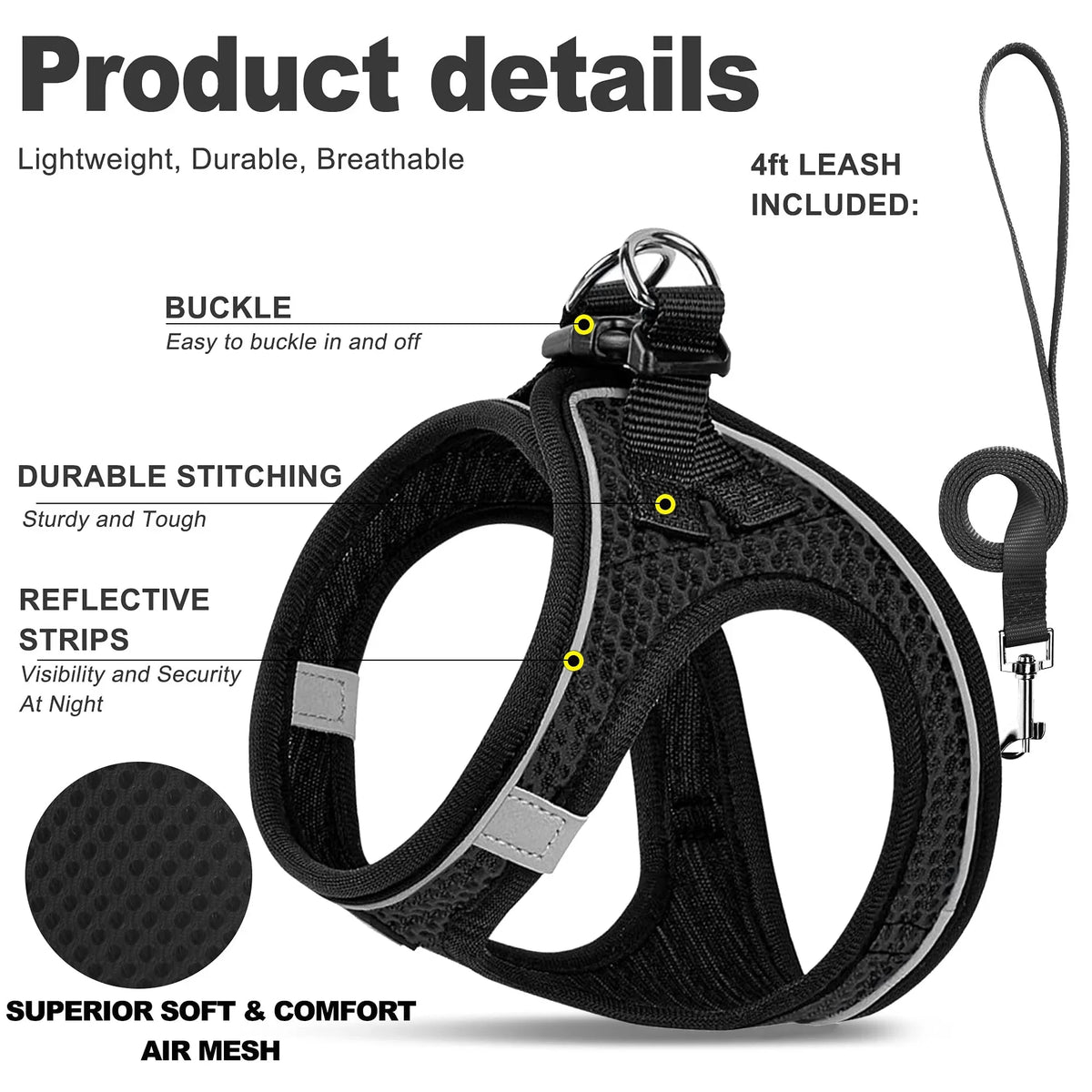 Harnais pour animaux noir ajustable avec coutures durables, bandes réfléchissantes et maille d'air pour le confort.