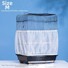 A black bird cage with a white mesh cover is shown on a white surface.