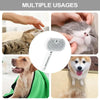 Un peine para mascotas blanco y un cepillo de vapor se muestran siendo usados en varios animales, como un gato, un perro y ot