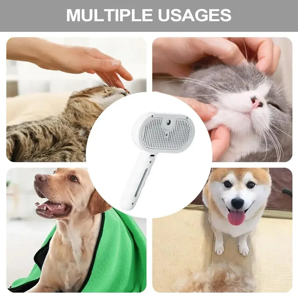 Un peine para mascotas blanco y un cepillo de vapor se muestran siendo usados en varios animales, como un gato, un perro y ot