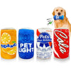 A set of bottle-shaped squeaky plush dog toys in orange, blue, and red colors.