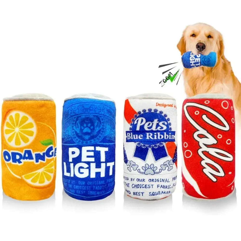 A set of bottle-shaped squeaky plush dog toys in orange, blue, and red colors.