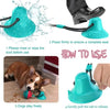 A teal suction cup chew ball for dogs is shown with instructions on how to use it.