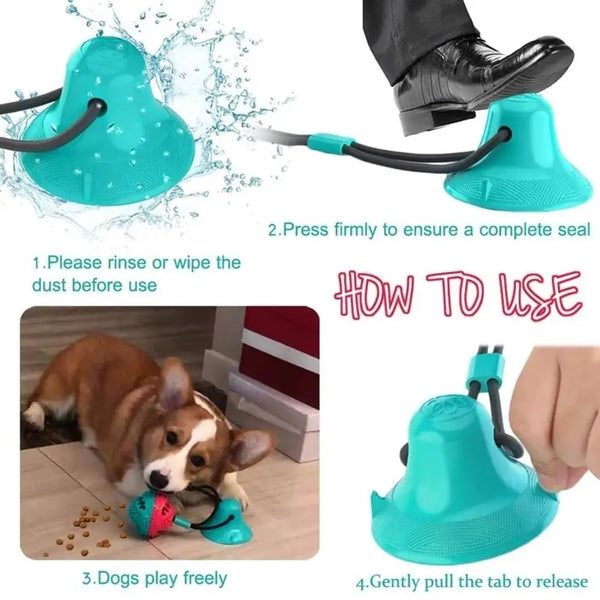 A teal suction cup chew ball for dogs is shown with instructions on how to use it.