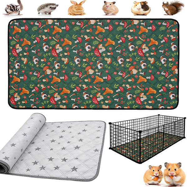 A mat featuring a repeating pattern of small animals and food items for a washable pet cage.