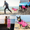 Ein schwarzer Hund mit einer leuchtend pinken Meerjungfrauen-Schwimmweste auf einem felsigen Strand.