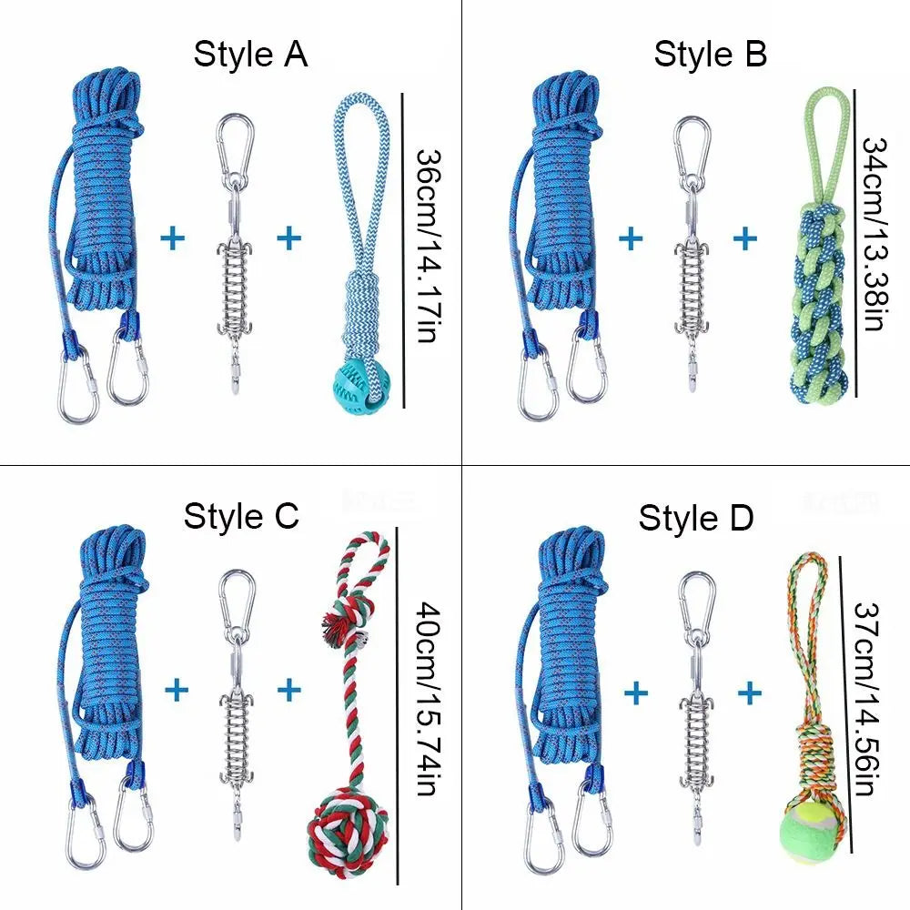 Four styles of durable bite-resistant dog spring pole toys featuring cotton rope in blue, green, and orange.