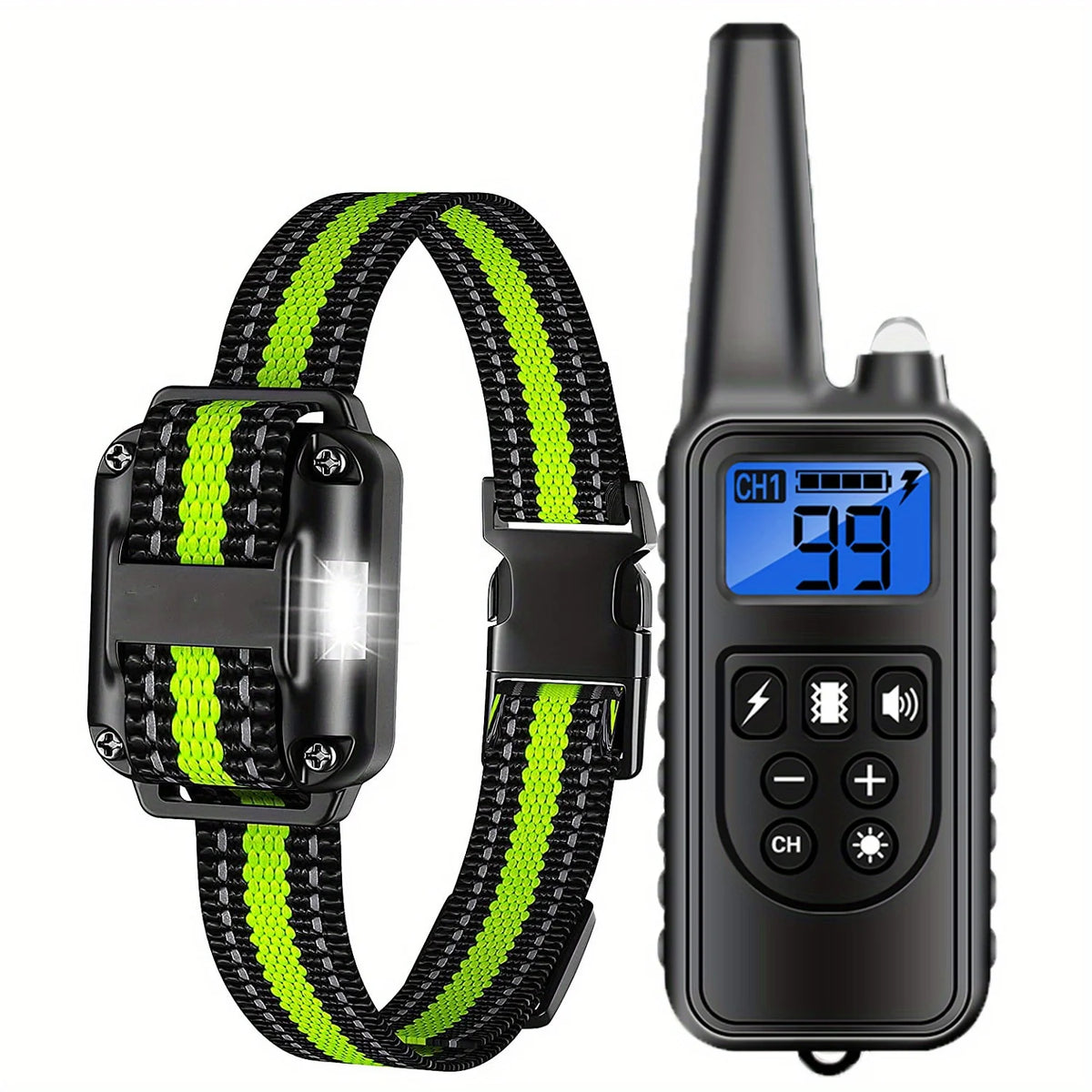 Black waterproof dog training collar with a green strap and a remote control device
