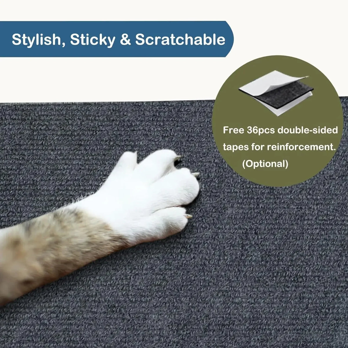 A white cat paw rests on a dark gray mat, demonstrating the stylish, sticky, and scratchable features of the product.
