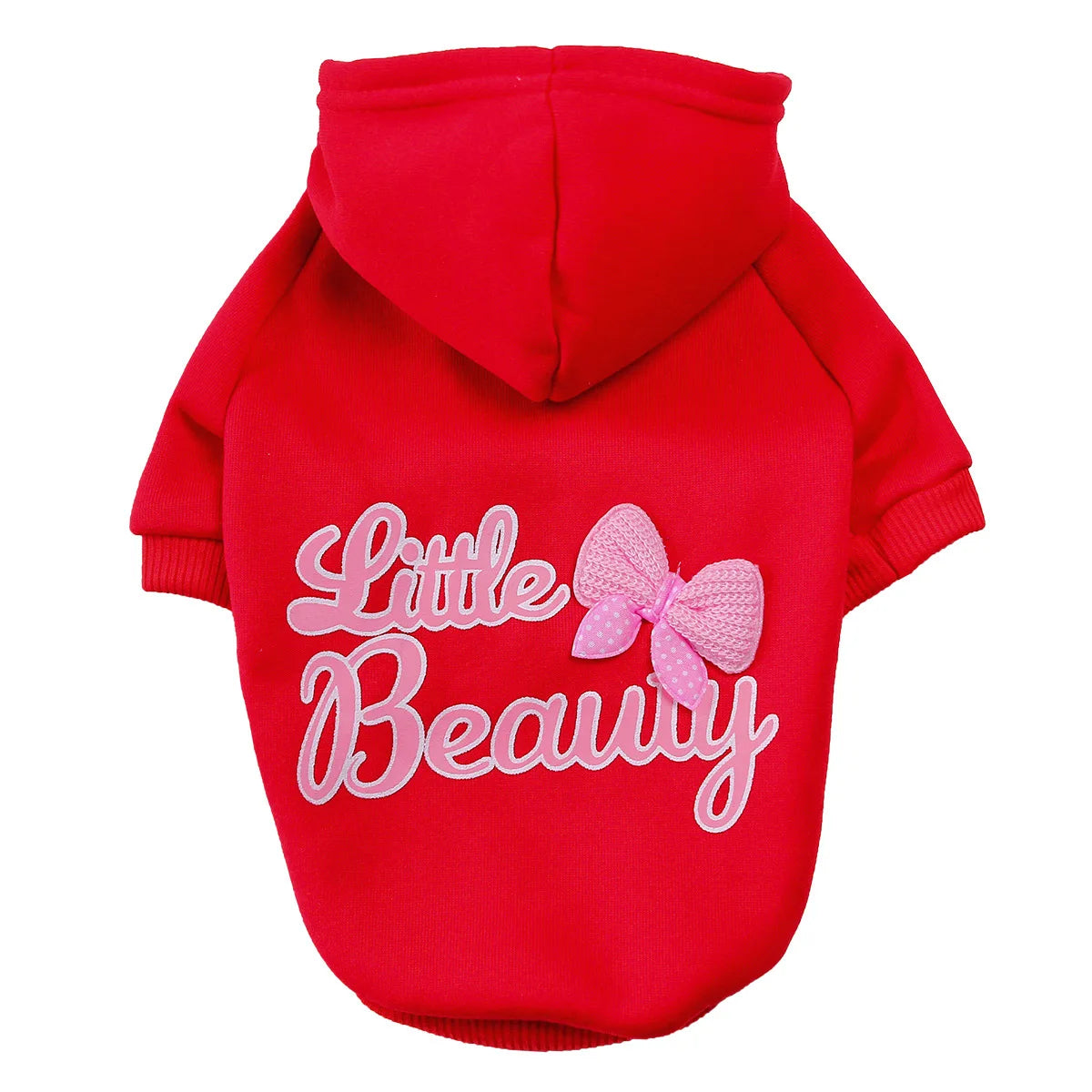 A bright red hoodie featuring a white embroidered text that reads Little Beauty