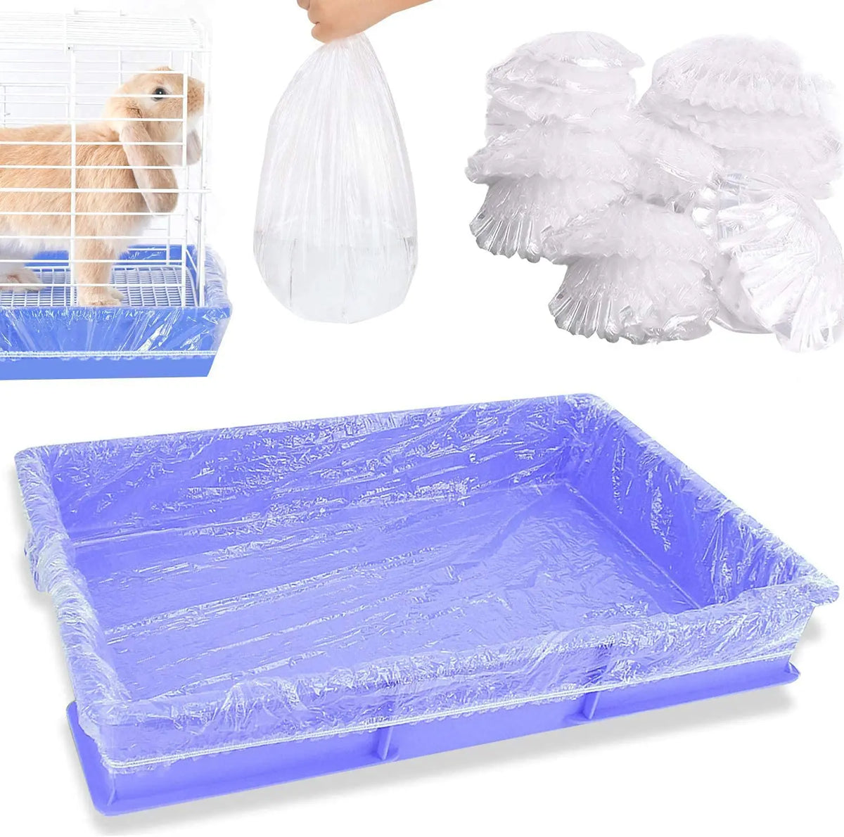 A set of disposable clear plastic cage liners and a purple plastic pet tray are shown.