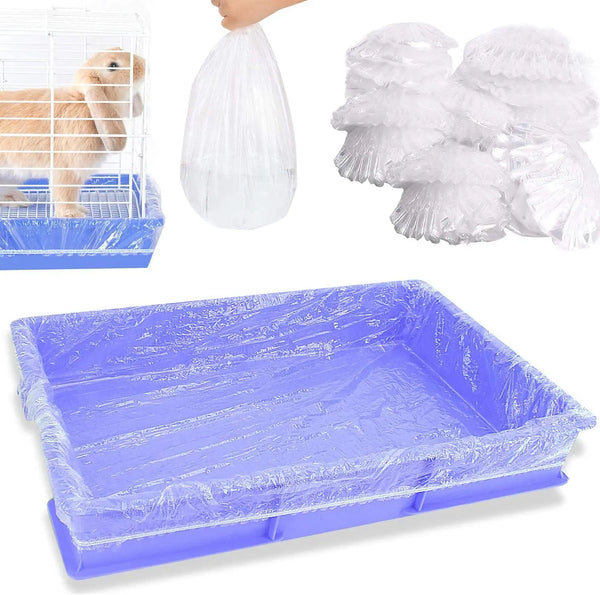 A set of disposable clear plastic cage liners and a purple plastic pet tray are shown.