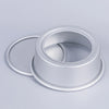 A round aluminum cake pan set with a lid and a separate ring, shown in a light gray color.