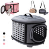 A gray breathable pet carrier backpack for cats and small dogs shown with accessories.