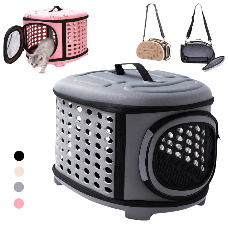 A gray breathable pet carrier backpack for cats and small dogs shown with accessories.