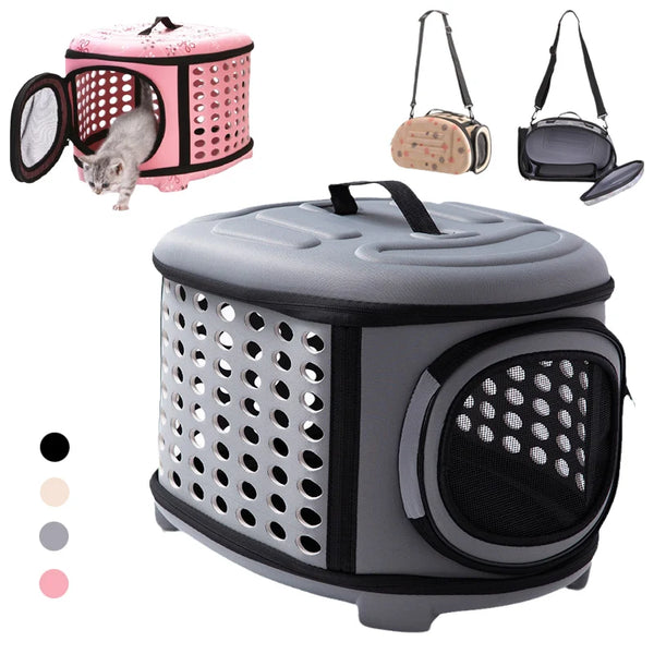 A gray breathable pet carrier backpack for cats and small dogs shown with accessories.