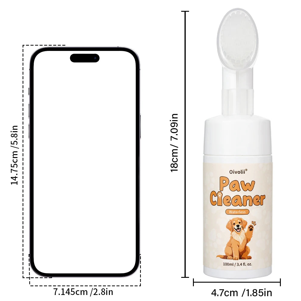 A white bottle of Paw Cleaner for pets with a dropper applicator and a smartphone for scale reference.