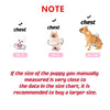 Diagram showing size chart measurements for a Comfortable Recovery Vest for Cats, including puppy and adult dog examples.