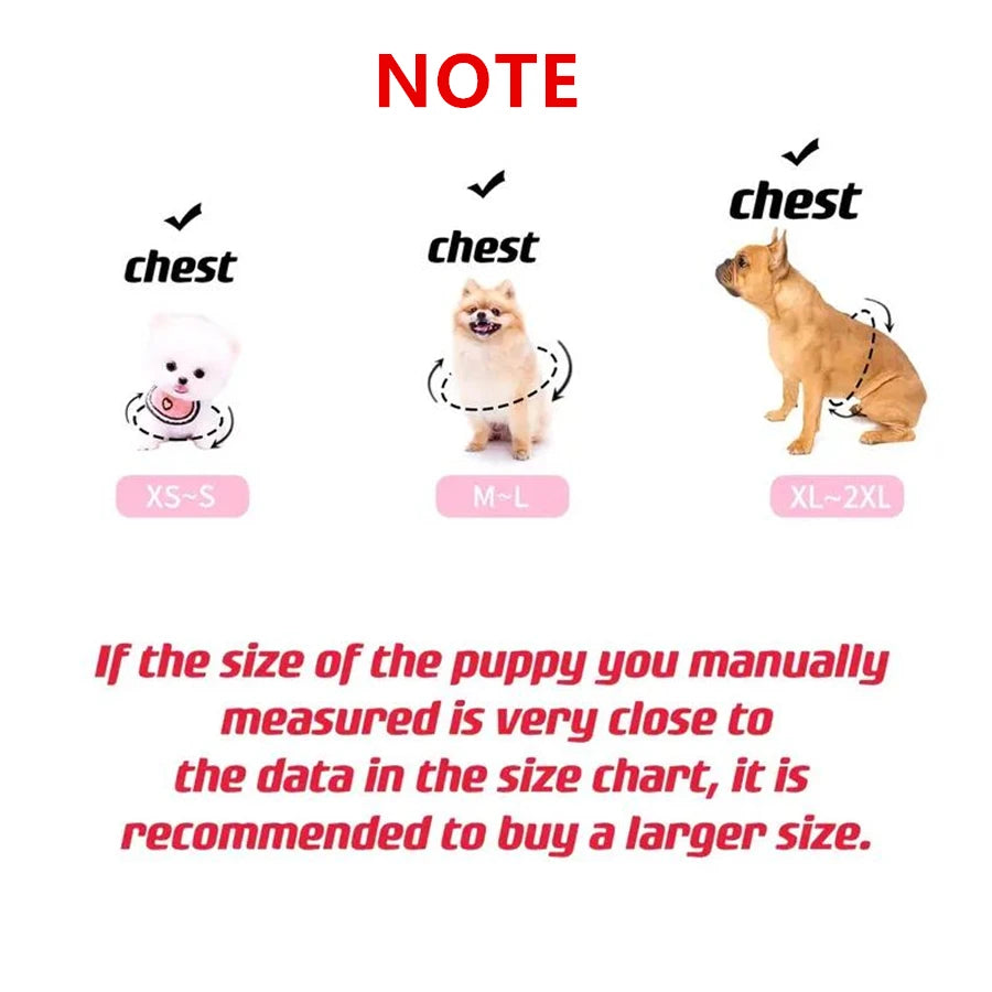 Diagram showing size chart measurements for a Comfortable Recovery Vest for Cats, including puppy and adult dog examples.