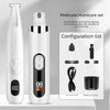 A white pet nail grinder set featuring a handheld device and a larger unit, with accessories like a lubricating oil and manic