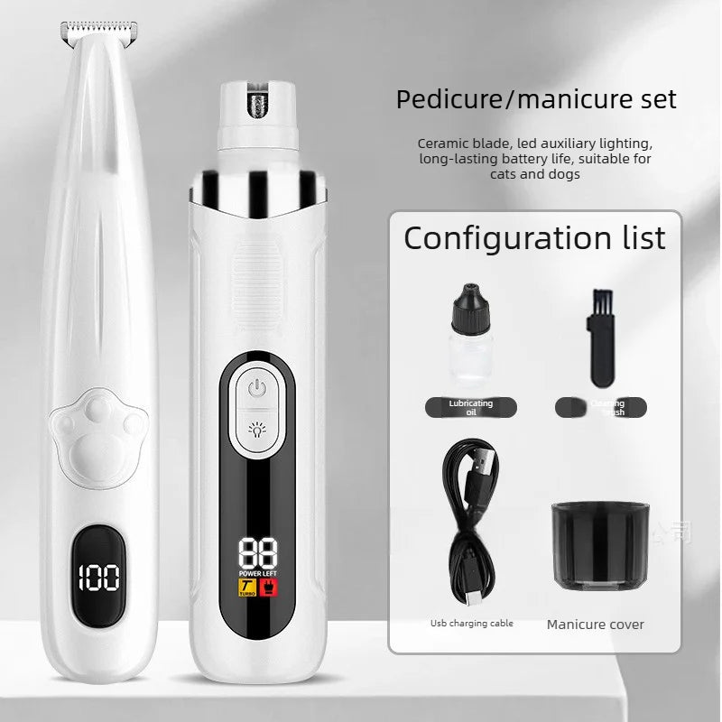 A white pet nail grinder set featuring a handheld device and a larger unit, with accessories like a lubricating oil and manic