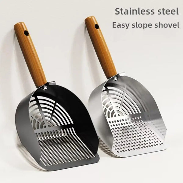 Stainless steel long-handled cat litter scoop with a sloping design