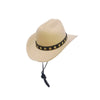 A tan felt cowboy hat with a black embroidered trim and a thin black strap.