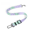 Purple and mint green adjustable dog car seat belt with elastic bungee buffer