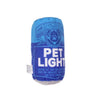 A blue bottle-shaped squeaky plush dog toy with a circular logo featuring a paw print.