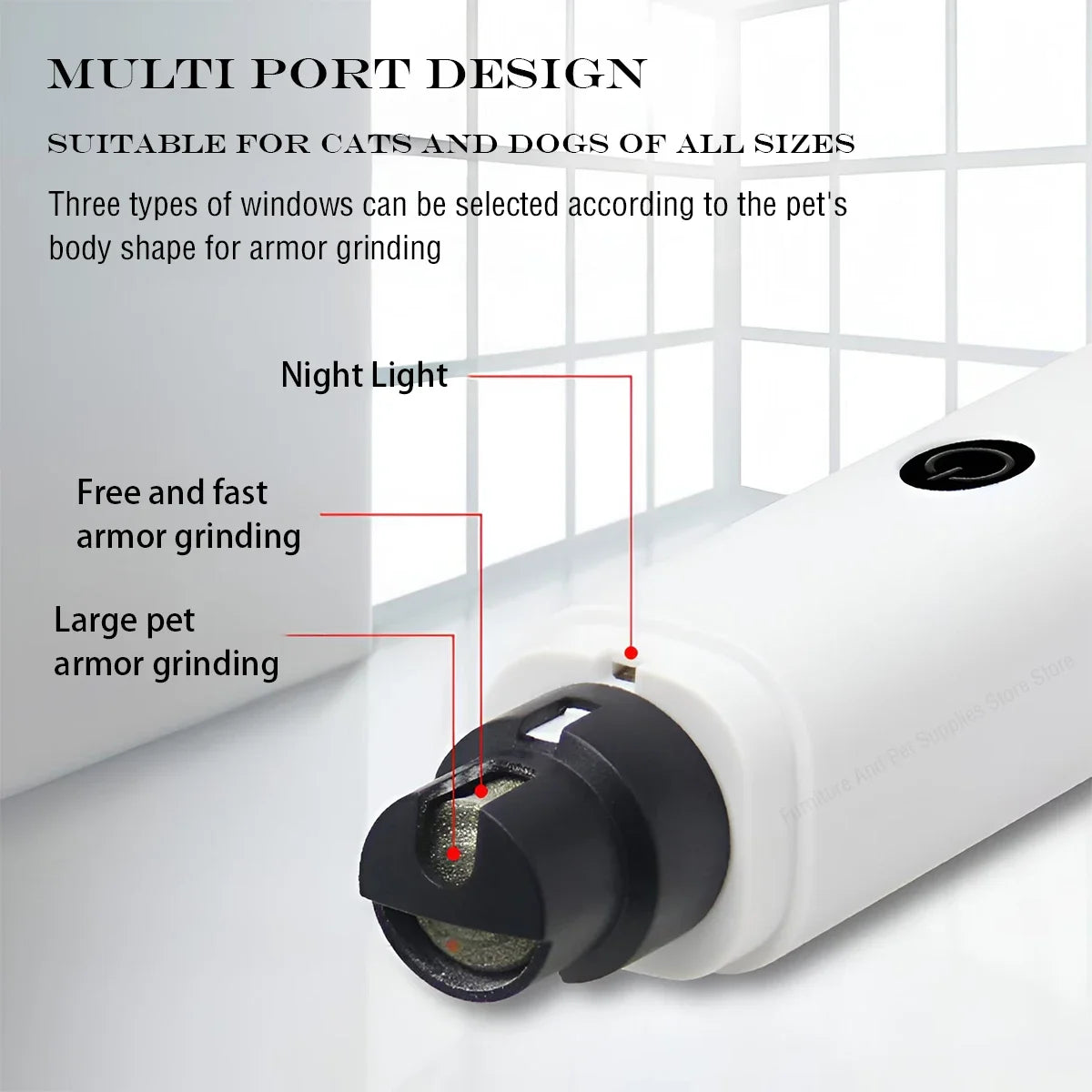 A close-up view of a white electric dog nail grinder with a black grinding head, designed for pet grooming.
