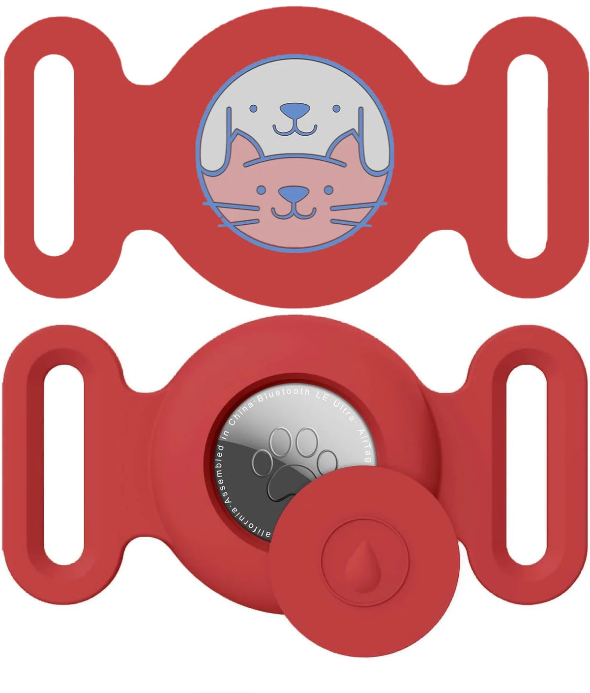 A red silicone holder with a cat face design and slots for attaching pet collars.