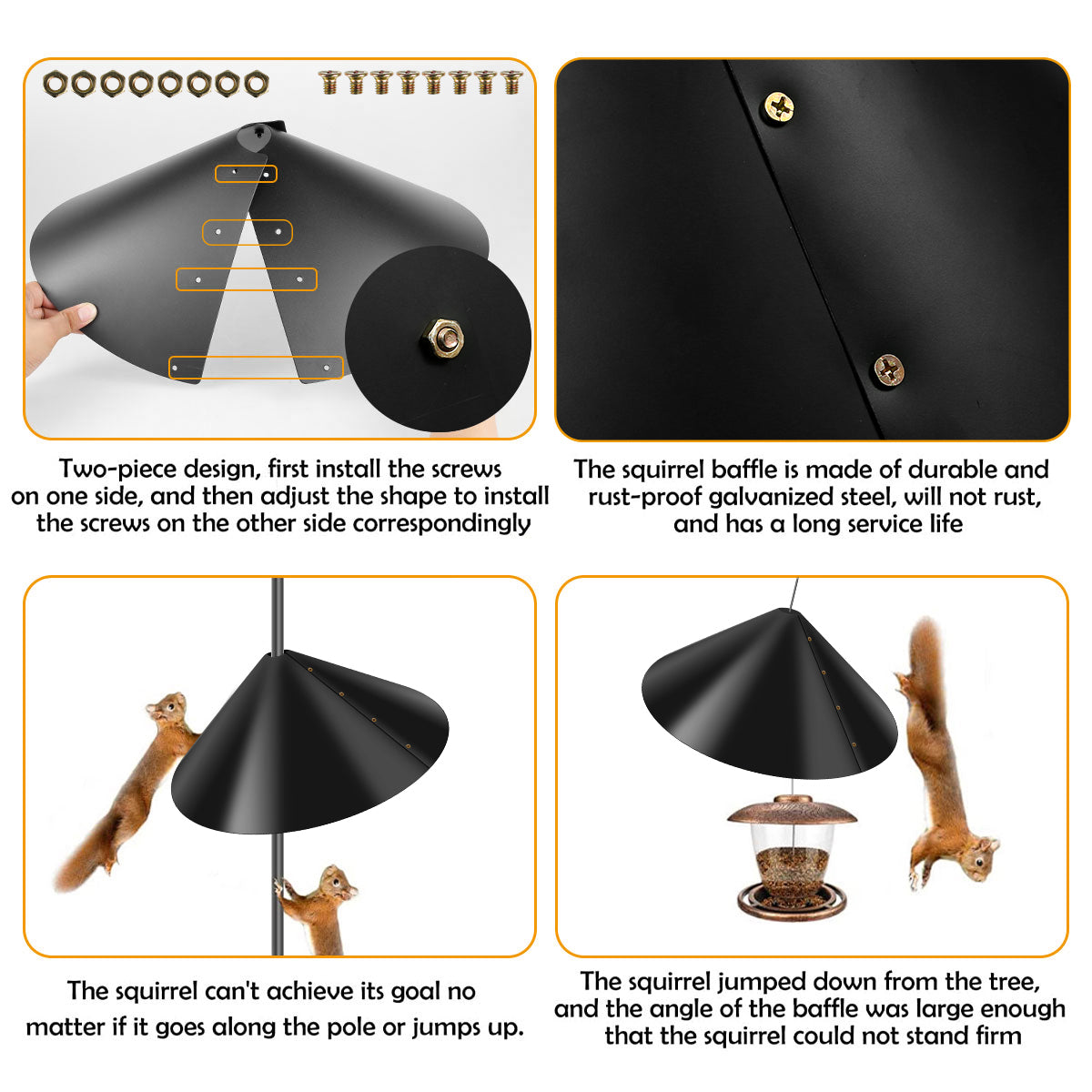 A black squirrel baffle guard is shown with two-piece design and a large angle to prevent squirrels from climbing.