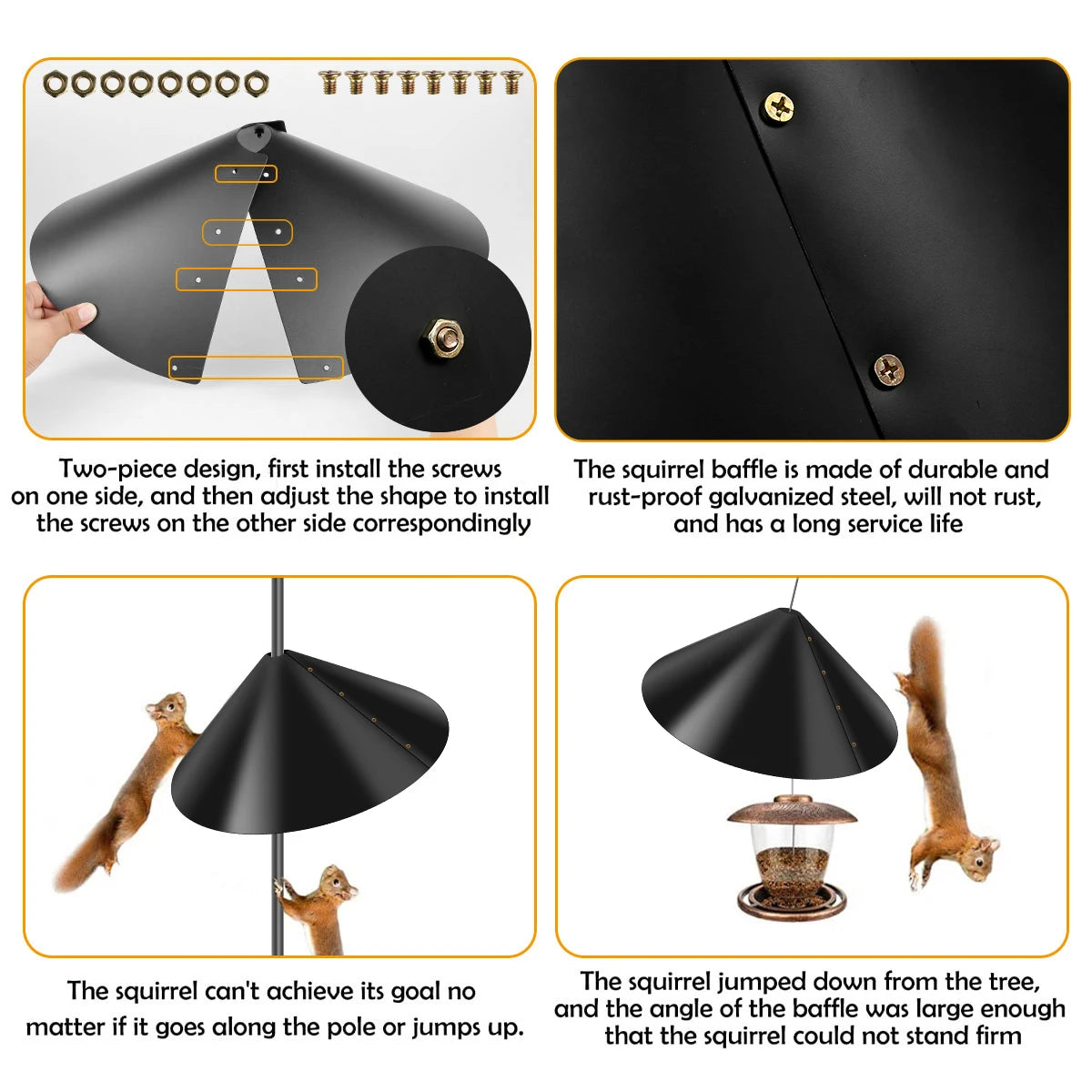 A black squirrel baffle guard is shown with two-piece design and a long service life.