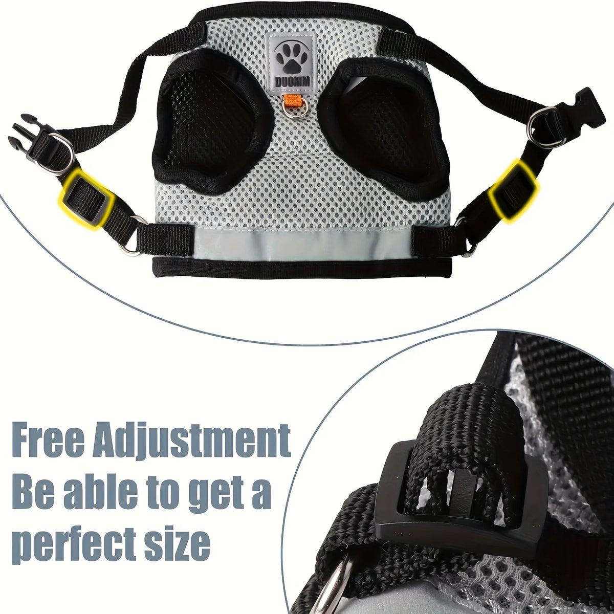 A breathable mesh pet harness with a padded chest and anti-escape leash set shown against a white background.