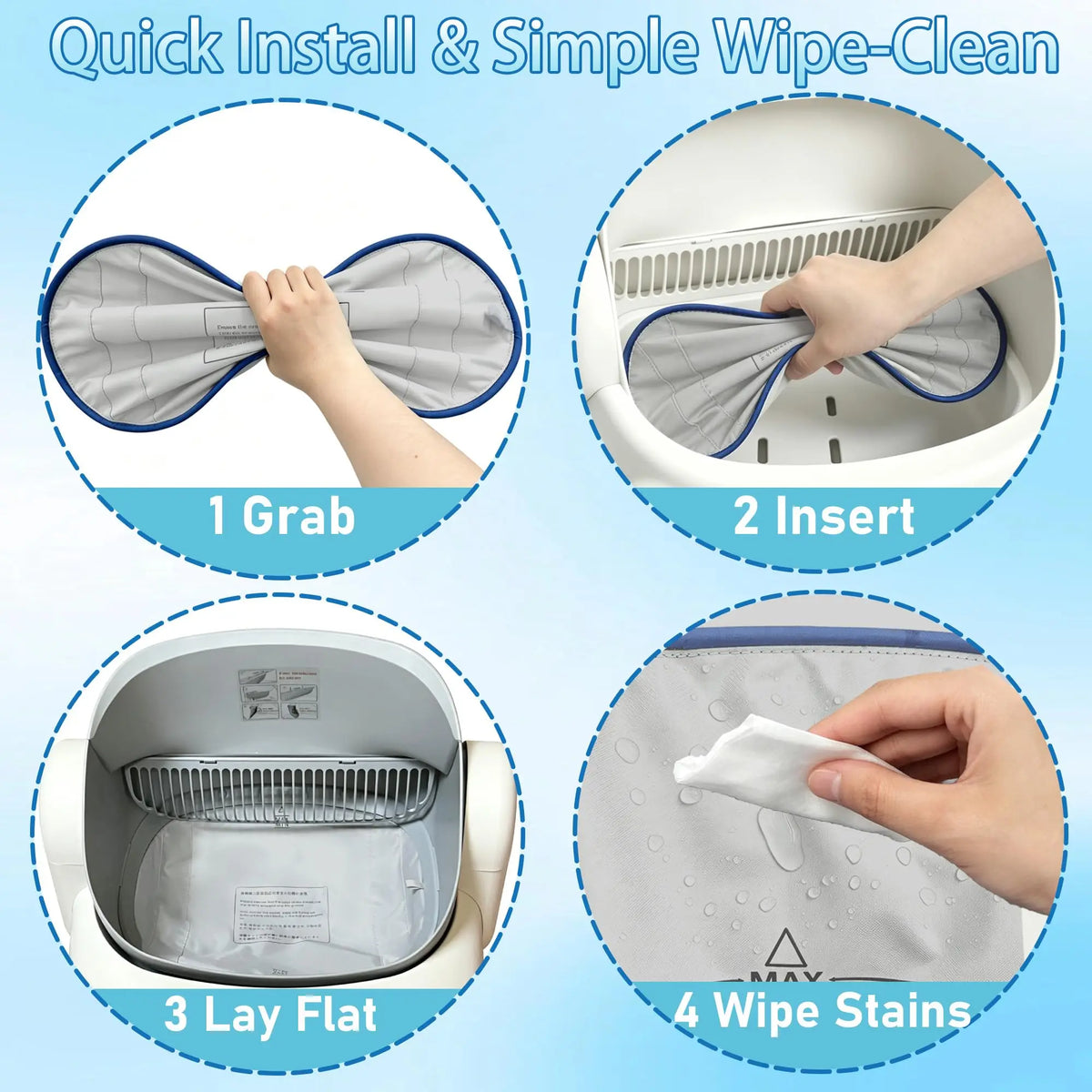 Diagram showing four steps for installing a waterproof litter box replacement mat: Grab, Insert, Lay Flat, and Wipe Stains.