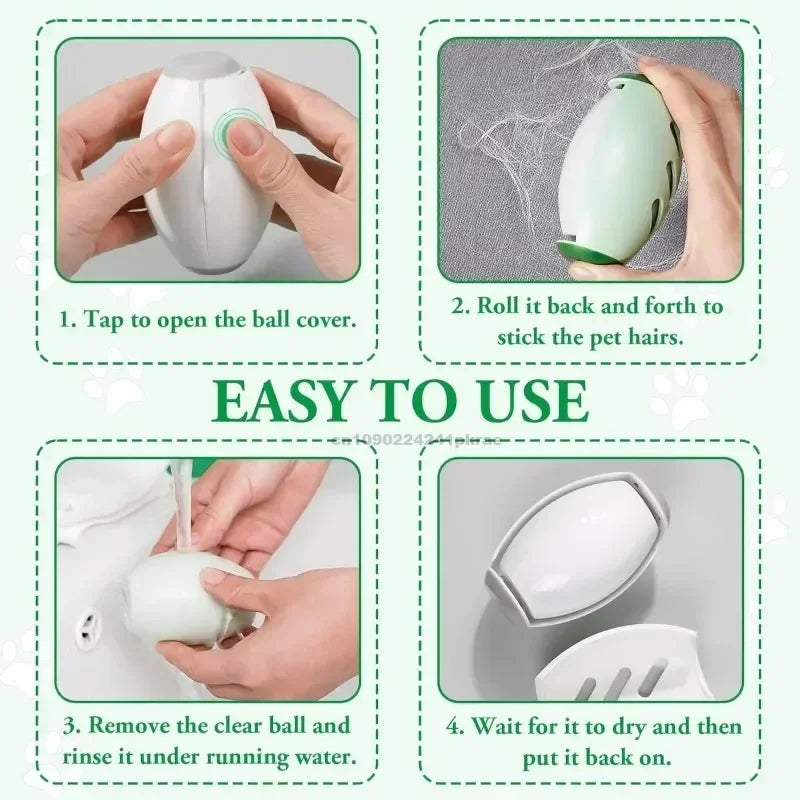 Instructions for using a reusable pet hair remover roller with a protective case.