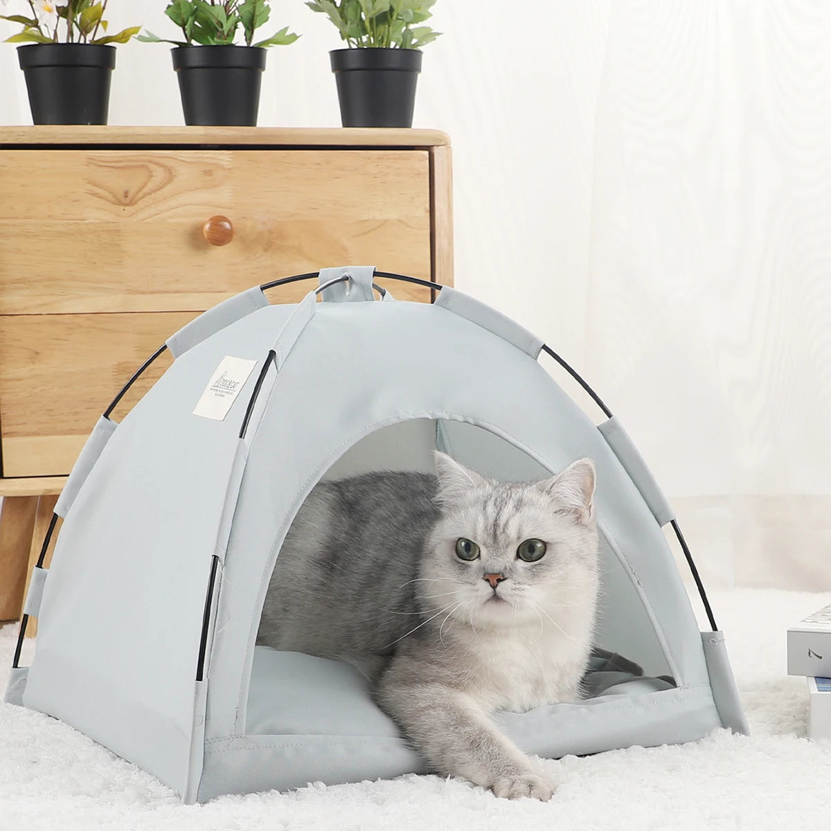 A light blue cozy pet tent bed for cats resting on a white carpet.