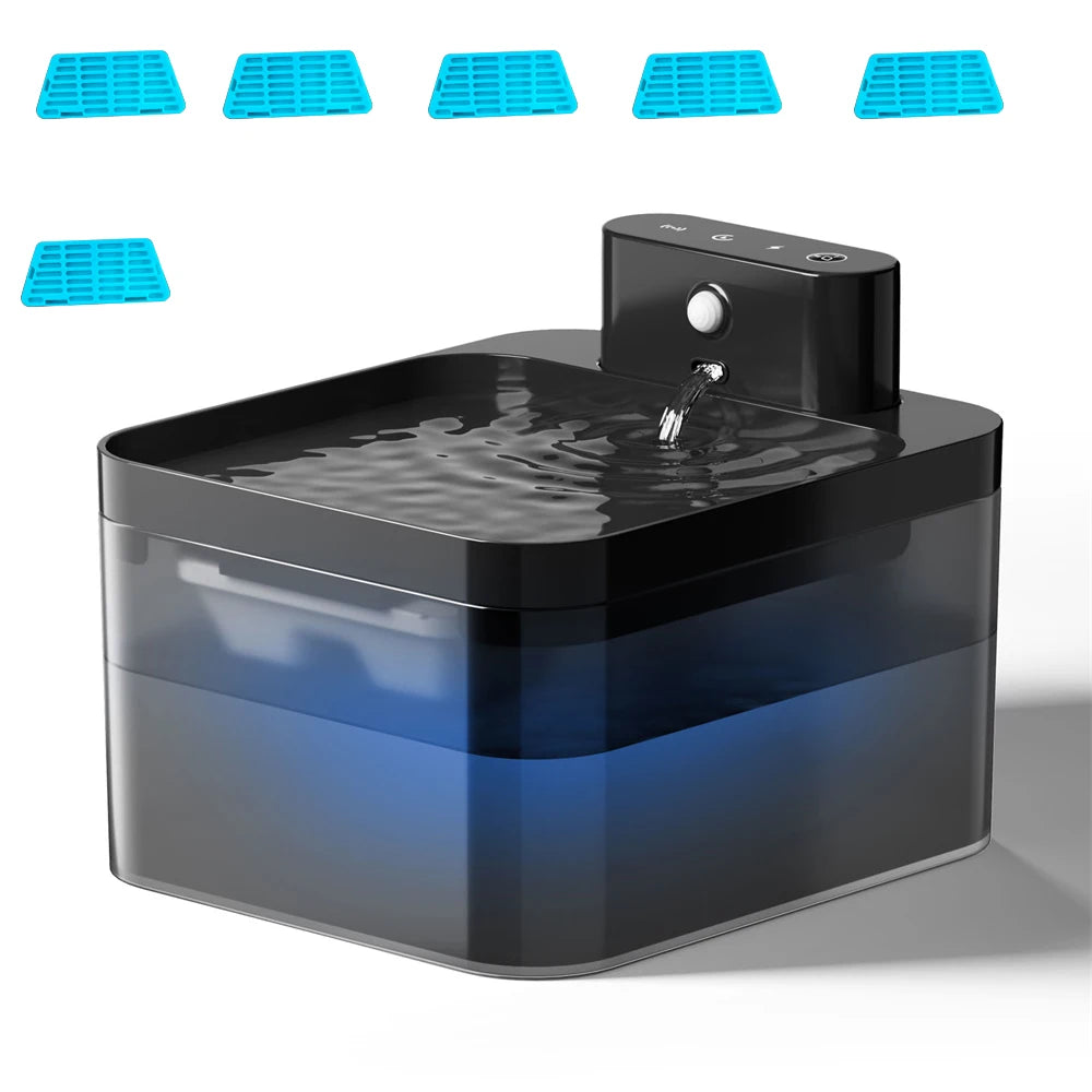 Fontaine à eau automatique noire avec capteur de mouvement et plusieurs plateaux alimentaires en silicone colorés.