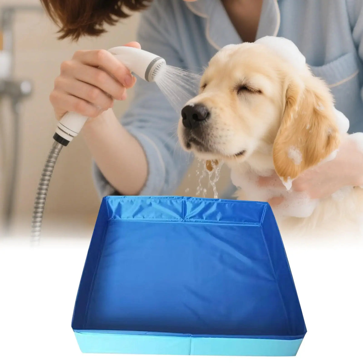 A person is using a showerhead to bathe a golden retriever in a blue foldable pet wading pool.