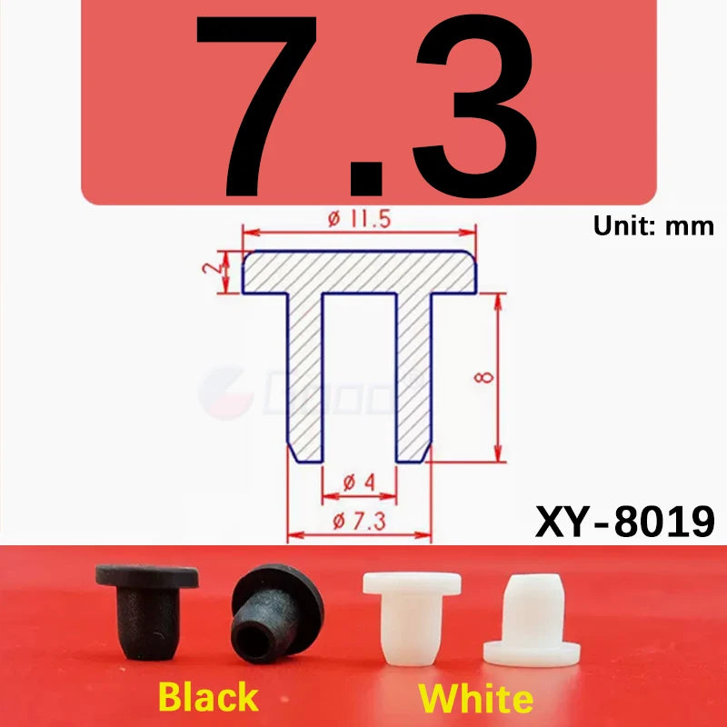 A set of silicone rubber hole plugs in black and white, with a diagram showing dimensions for the XY-8019 product.