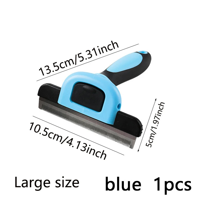 A blue pet hair grooming comb with a black handle and a 5cm blade shown with size measurements.
