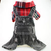 A plaid red and black denim jumpsuit for a small dog