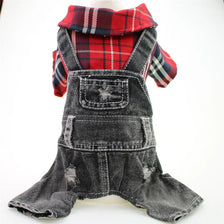 A plaid red and black denim jumpsuit for a small dog