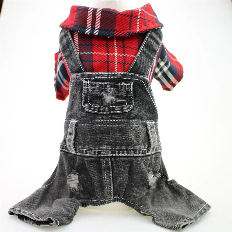 A plaid red and black denim jumpsuit for a small dog
