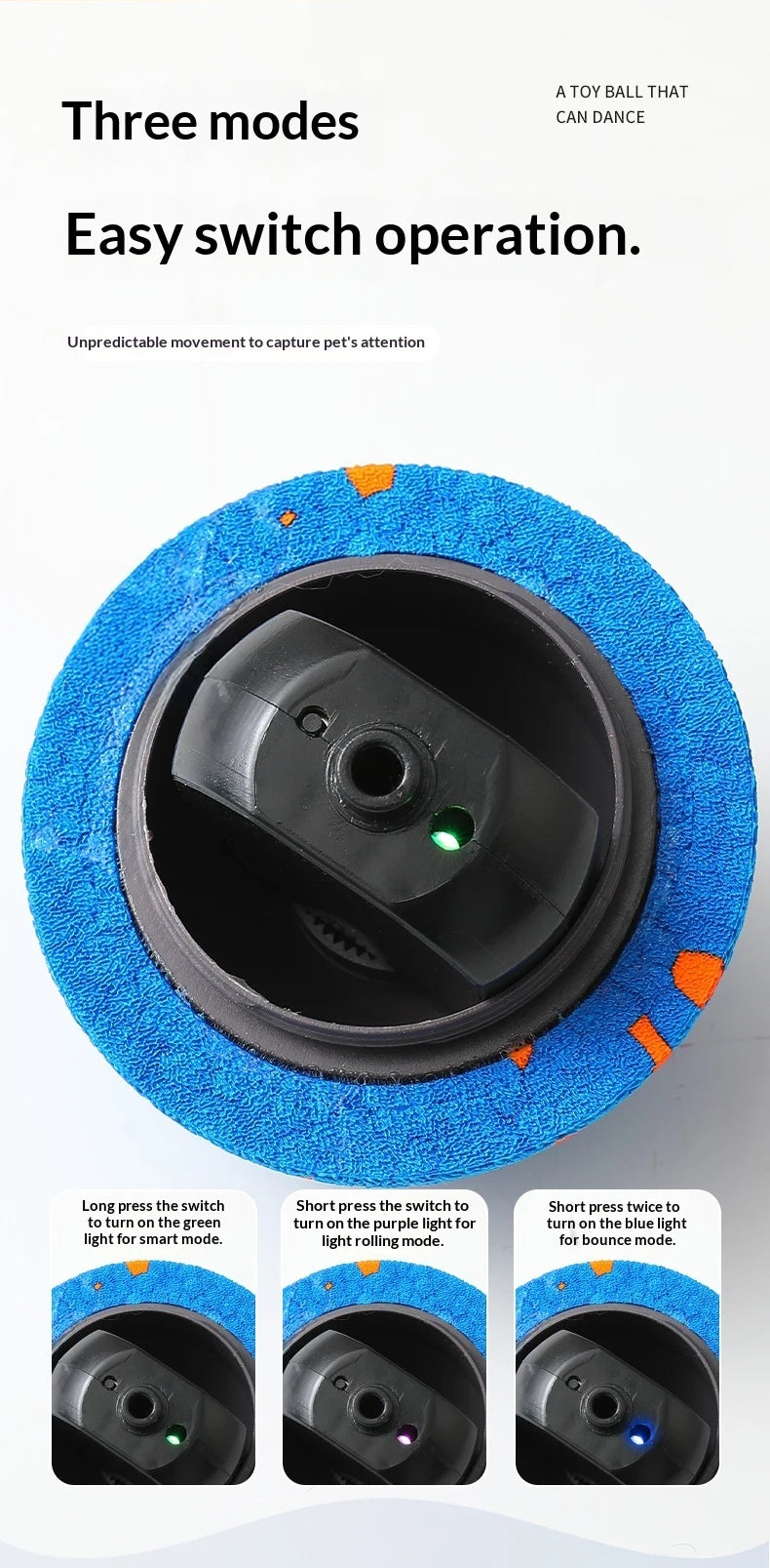 A blue chew ball with a black mechanism showing three modes of operation for pet entertainment.