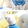 Ein weißer Hund in einem blauen Pet-West und Trikot, der aufblickt.