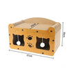 A wooden cat scratcher house and lounge bed with a beige fabric lining and paw print cutouts.
